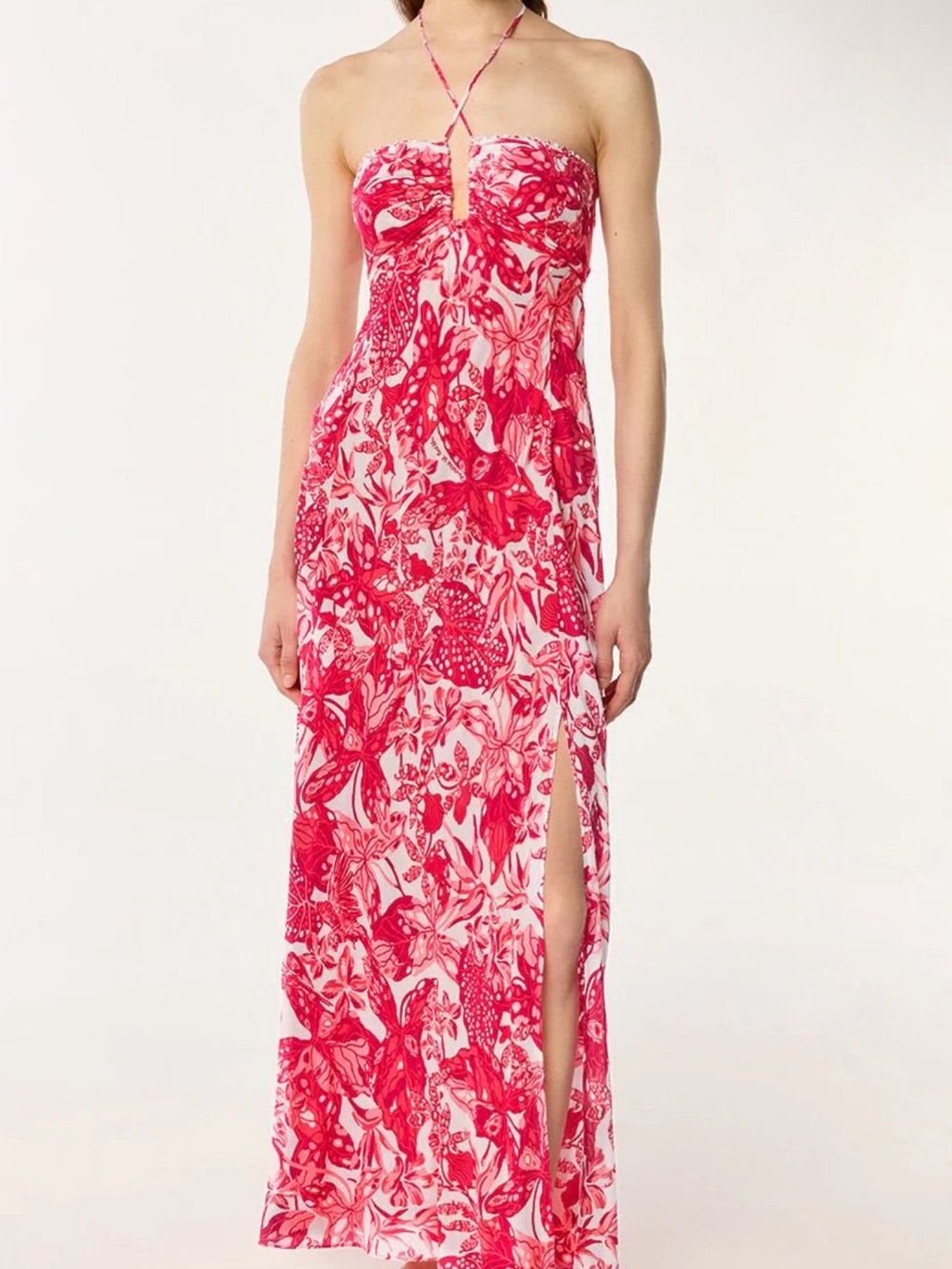 Poupette St. Barths: Pink Floral Halter Strap Maxi Dress